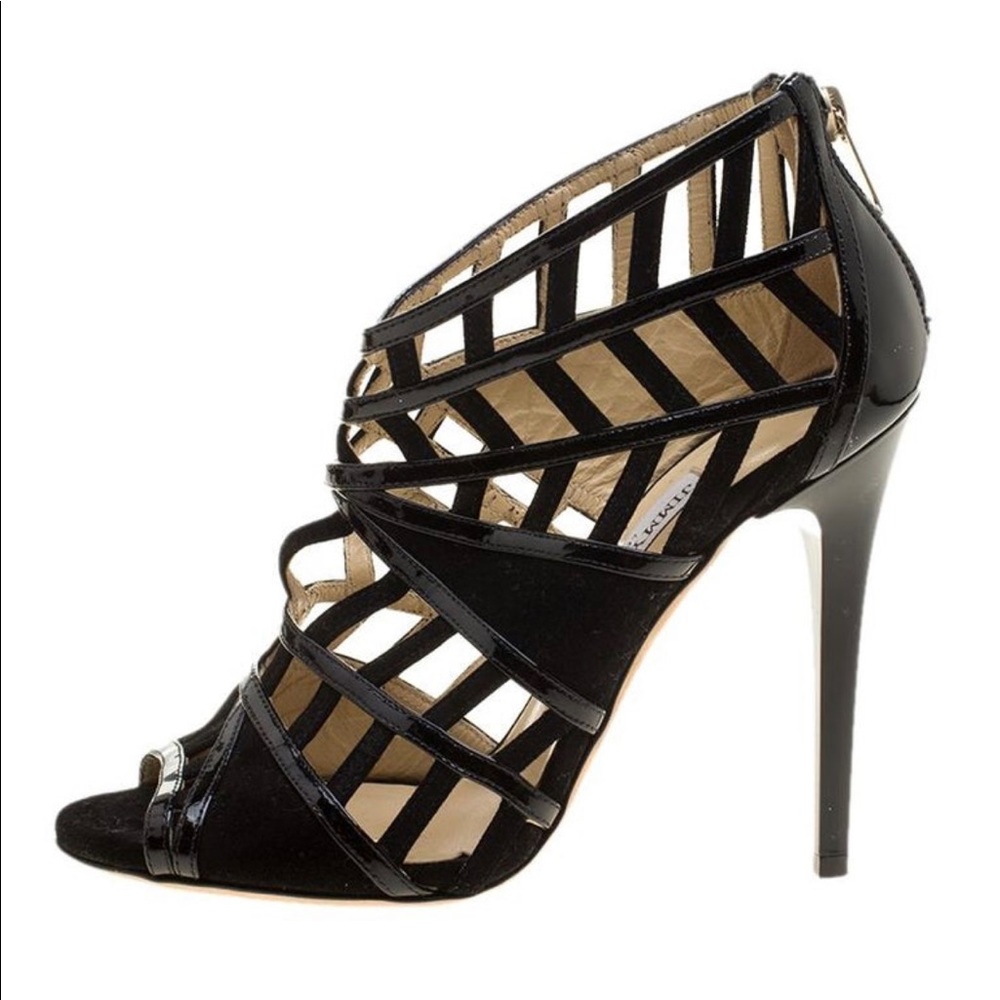 Jimmy Choo Black Patent Leather and Suede Vector Cut Out Cage Sandals